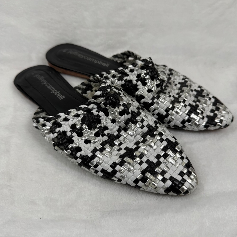 Jeffrey Campbell Woven Leather Mules Black White Silver Pointed Toe Flats 8.5